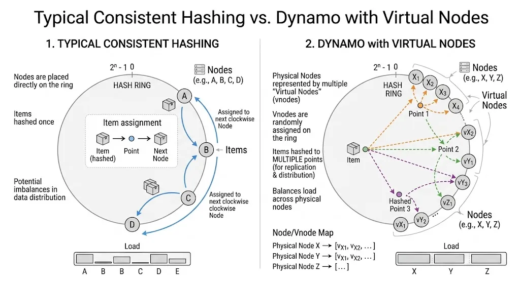 Comparison of typical consistent hashing vs. Dynamo's virtual node approach