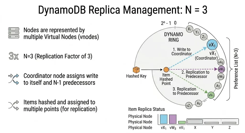 Dynamo's replica management of keys (preference list)